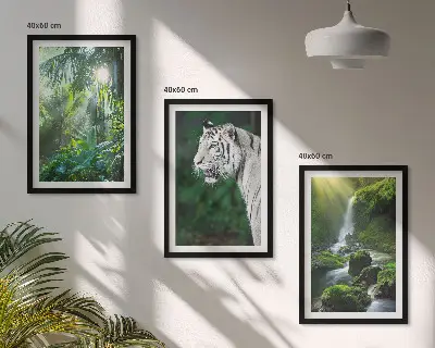 Set de 3 cuadros para salón diseño de cascada en la selva con tigre