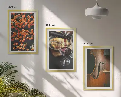Set de 3 cuadros con diseño de flores antiguas violín vino