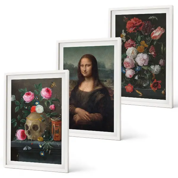 Juego de 3 cuadros con motivos de flores, retrato de calavera y Mona Lisa