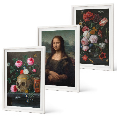 Juego de 3 cuadros Flores, retrato de calavera, Mona Lisa