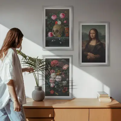 Juego de 3 cuadros con motivos de flores, retrato de calavera y Mona Lisa