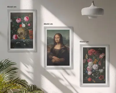 Juego de 3 cuadros con motivos de flores, retrato de calavera y Mona Lisa