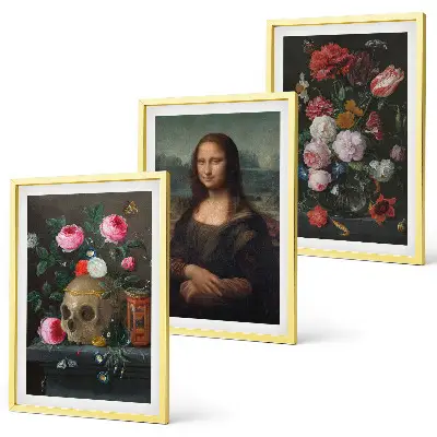 Juego de 3 cuadros con motivos de flores, retrato de calavera y Mona Lisa