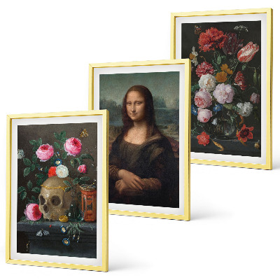 Juego de 3 cuadros Flores, retrato de calavera, Mona Lisa