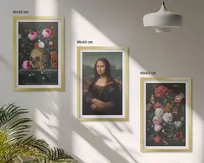 Juego de 3 cuadros con motivos de flores, retrato de calavera y Mona Lisa