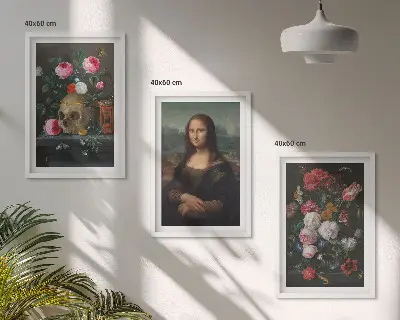 Juego de 3 cuadros con motivos de flores, retrato de calavera y Mona Lisa