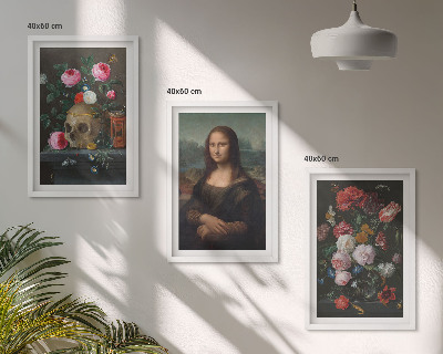 Juego de 3 cuadros Flores, retrato de calavera, Mona Lisa