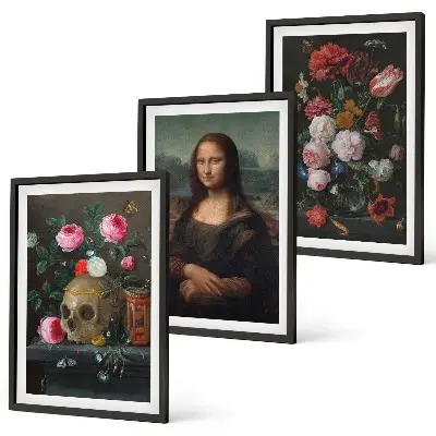 Juego de 3 cuadros con motivos de flores, retrato de calavera y Mona Lisa