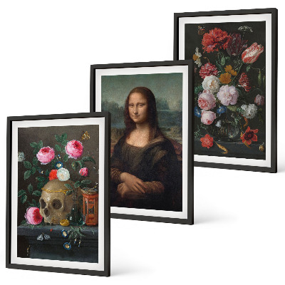 Juego de 3 cuadros Flores, retrato de calavera, Mona Lisa