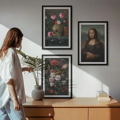 Juego de 3 cuadros con motivos de flores, retrato de calavera y Mona Lisa