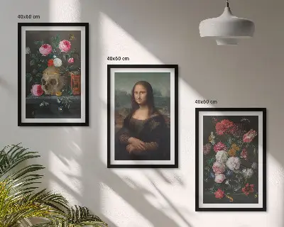 Juego de 3 cuadros con motivos de flores, retrato de calavera y Mona Lisa
