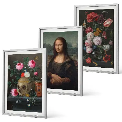 Juego de 3 cuadros con motivos de flores, retrato de calavera y Mona Lisa