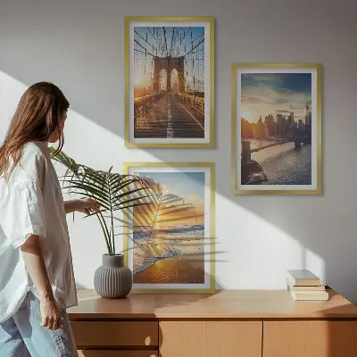 Set de 3 cuadros de puentes al atardecer decoración para salón