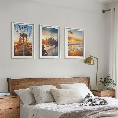 Set de 3 cuadros de puentes al atardecer decoración para salón