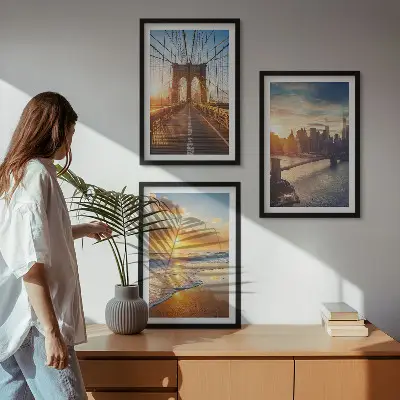 Set de 3 cuadros de puentes al atardecer decoración para salón