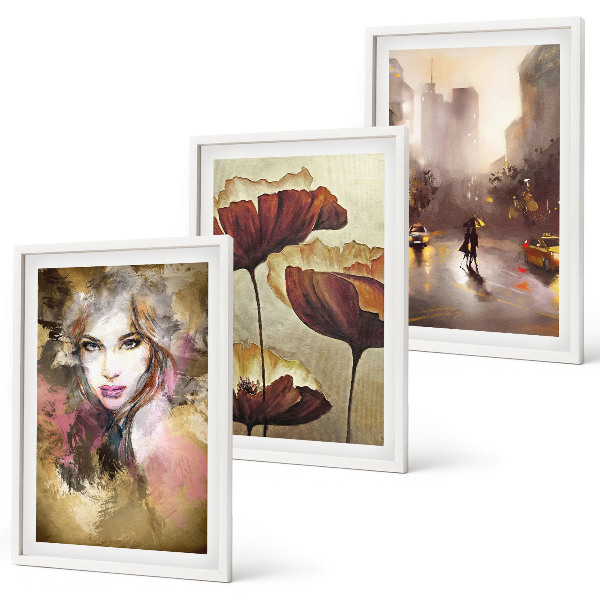 Set de 3 cuadros para salón Retrato abstracto de una mujer con flores y lluvia.