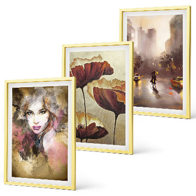 Set de 3 cuadros para salón Retrato abstracto de una mujer con flores y lluvia.