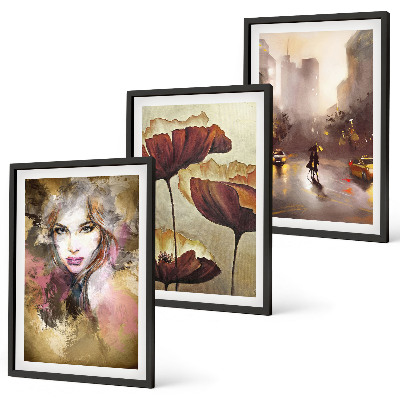 Set de 3 cuadros para salón Retrato abstracto de una mujer con flores y lluvia.