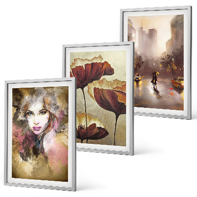 Set de 3 cuadros para salón Retrato abstracto de una mujer con flores y lluvia.