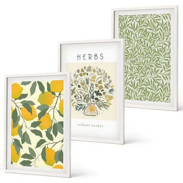 Set de 3 cuadros de limones con hierbas y hojas decoración para salón
