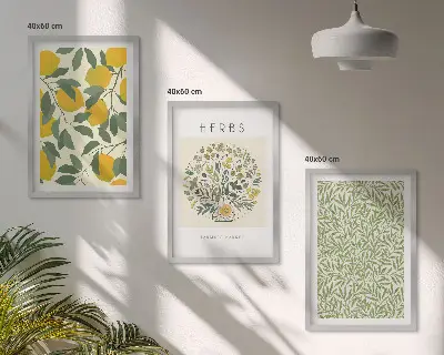 Set de 3 cuadros de limones con hierbas y hojas decoración para salón