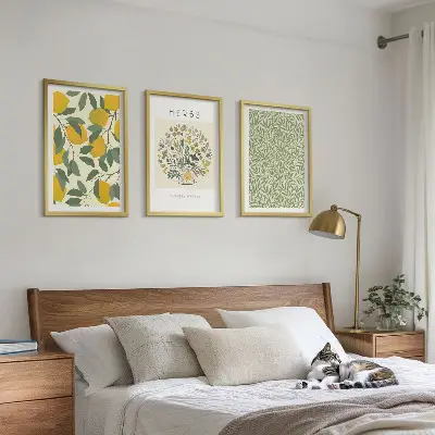 Set de 3 cuadros de limones con hierbas y hojas decoración para salón