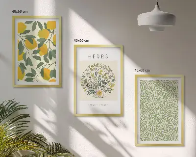 Set de 3 cuadros de limones con hierbas y hojas decoración para salón