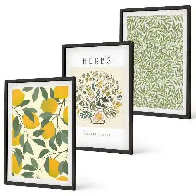 Set de 3 cuadros de limones con hierbas y hojas decoración para salón