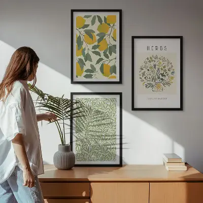 Set de 3 cuadros de limones con hierbas y hojas decoración para salón