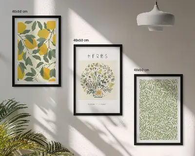 Set de 3 cuadros de limones con hierbas y hojas decoración para salón