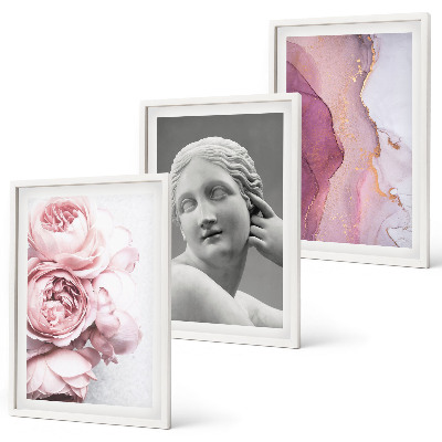 Set de 3 cuadros para salón Escultura abstracta de mujer con peonías