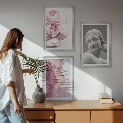 Set de 3 cuadros de escultura abstracta de mujer con peonías decoración para salón