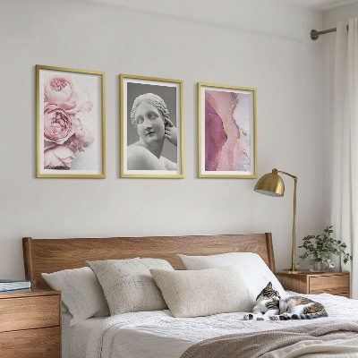 Set de 3 cuadros para salón Escultura abstracta de mujer con peonías