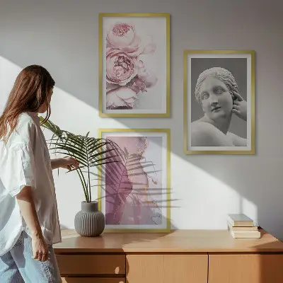 Set de 3 cuadros de escultura abstracta de mujer con peonías decoración para salón