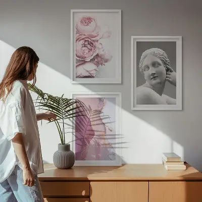 Set de 3 cuadros de escultura abstracta de mujer con peonías decoración para salón