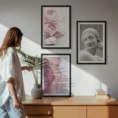 Set de 3 cuadros de escultura abstracta de mujer con peonías decoración para salón