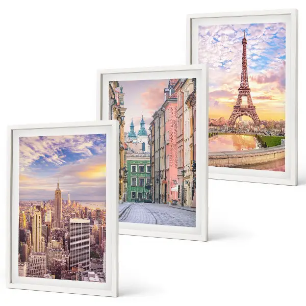 Juego de 3 cuadros paisaje urbano de Nueva York y París al atardecer