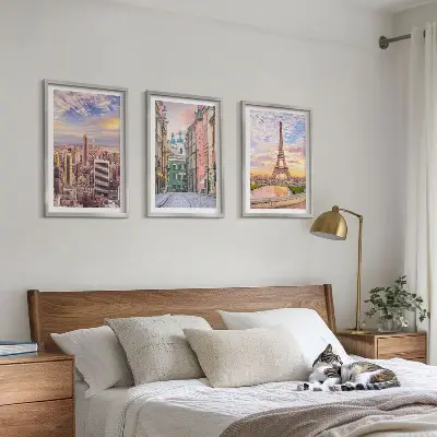 Juego de 3 cuadros paisaje urbano de Nueva York y París al atardecer