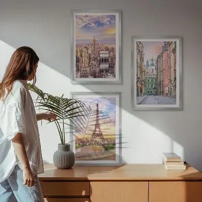 Juego de 3 cuadros paisaje urbano de Nueva York y París al atardecer