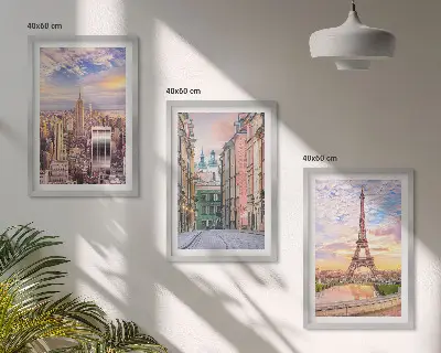 Juego de 3 cuadros paisaje urbano de Nueva York y París al atardecer