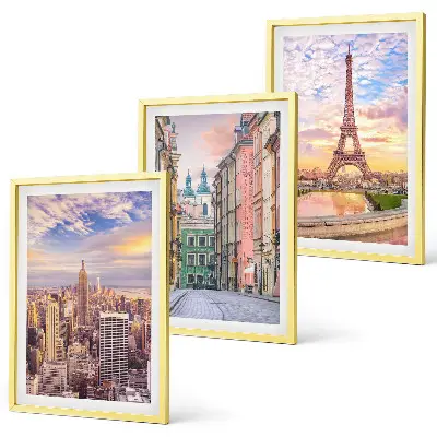 Juego de 3 cuadros paisaje urbano de Nueva York y París al atardecer