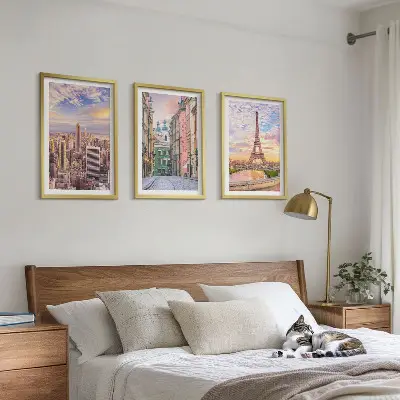 Juego de 3 cuadros paisaje urbano de Nueva York y París al atardecer
