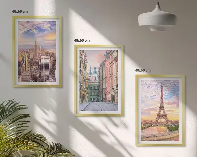 Juego de 3 cuadros paisaje urbano de Nueva York y París al atardecer