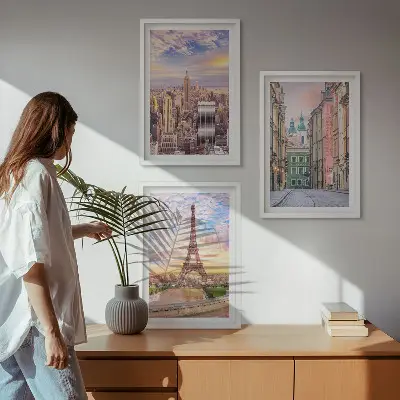 Juego de 3 cuadros paisaje urbano de Nueva York y París al atardecer
