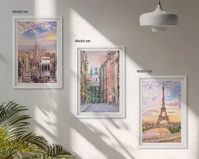 Juego de 3 cuadros paisaje urbano de Nueva York y París al atardecer