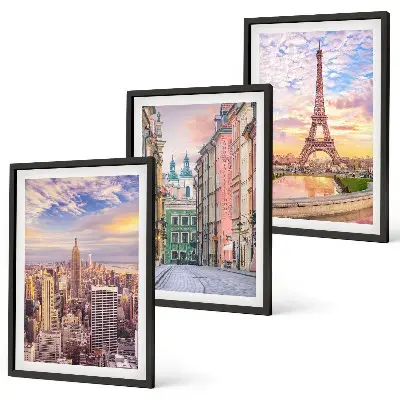 Juego de 3 cuadros paisaje urbano de Nueva York y París al atardecer
