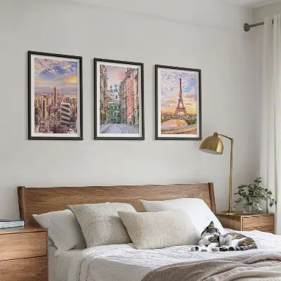 Juego de 3 cuadros paisaje urbano de Nueva York y París al atardecer