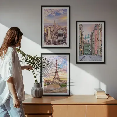 Juego de 3 cuadros paisaje urbano de Nueva York y París al atardecer