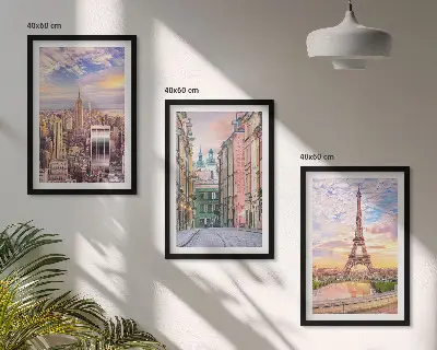 Juego de 3 cuadros paisaje urbano de Nueva York y París al atardecer