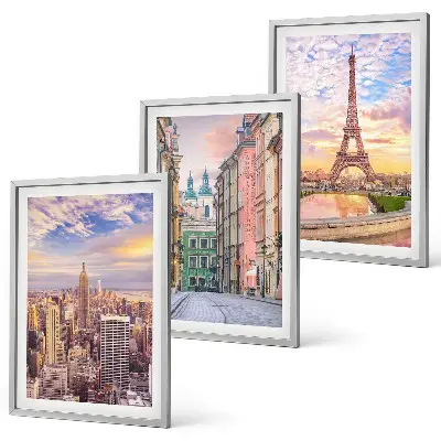 Juego de 3 cuadros paisaje urbano de Nueva York y París al atardecer